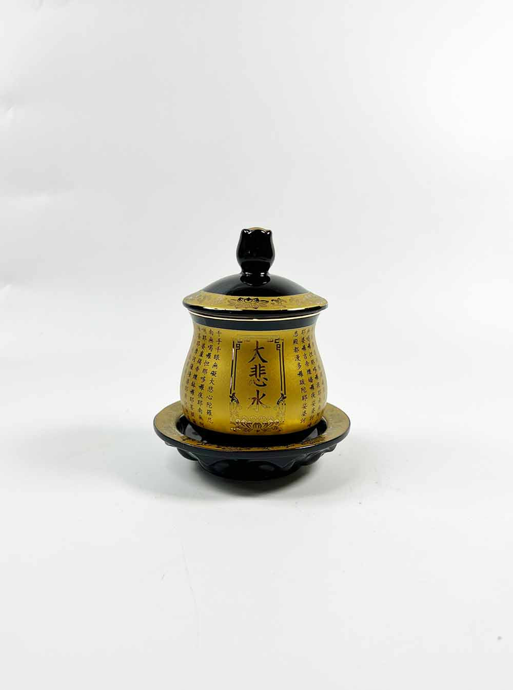 Black and Gold Great Compassion Mantra Offering Cup with Lid (Large)