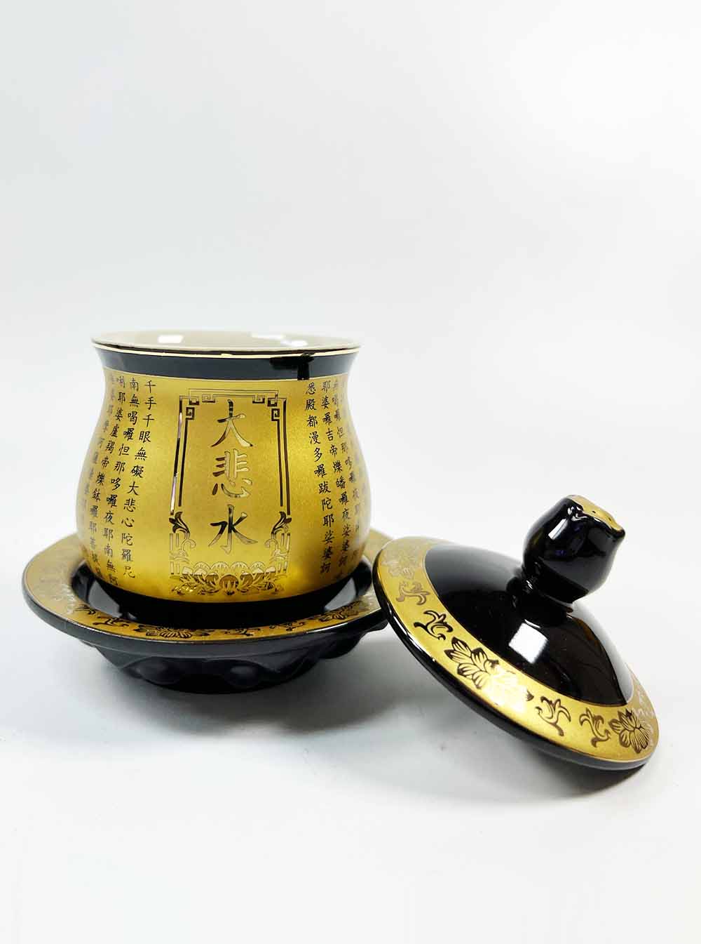Black and Gold Great Compassion Mantra Offering Cup with Lid (Large)