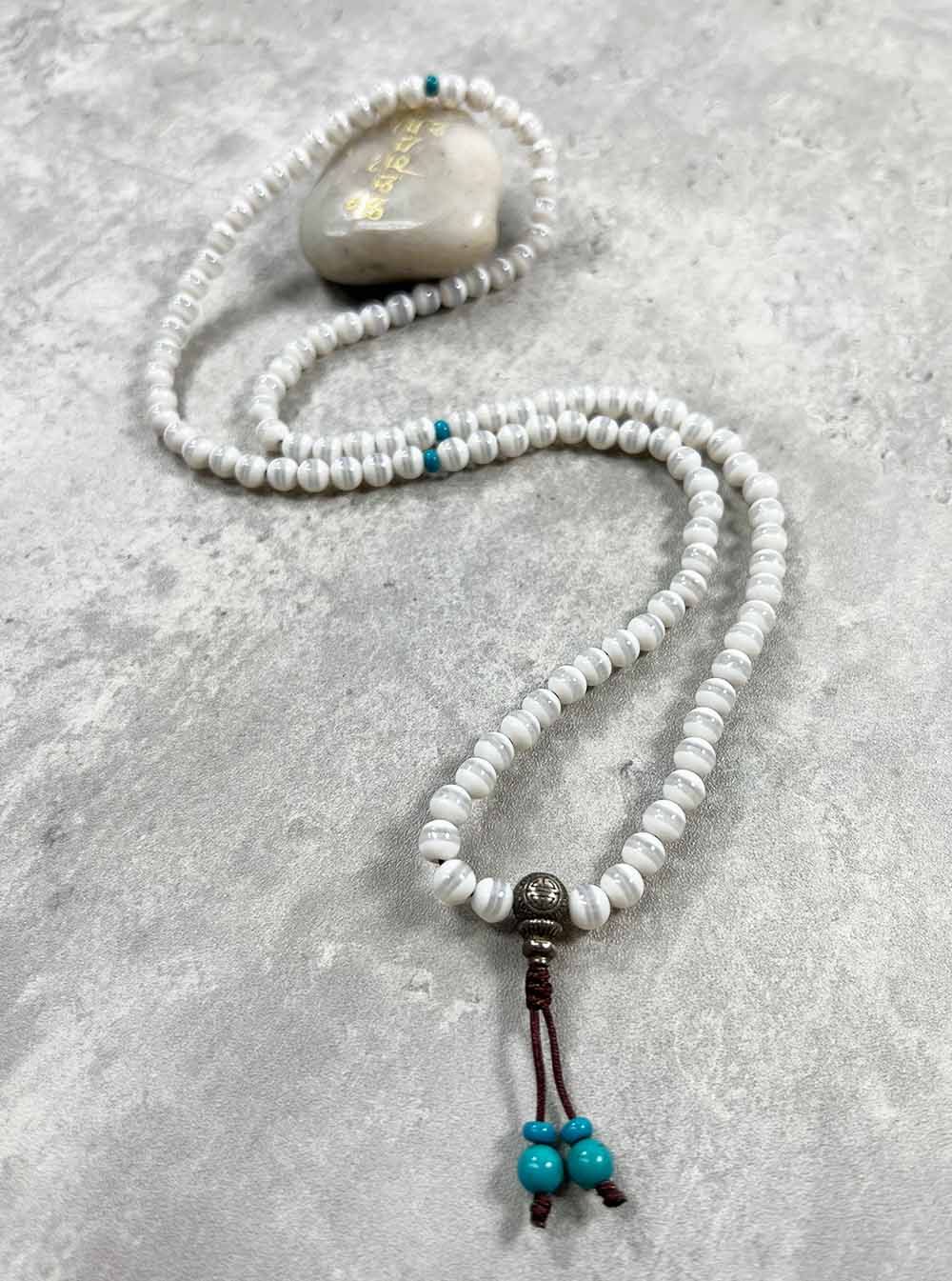 Dzi Agate White with Opaque Stripe Mala 108 Beads (6mm)