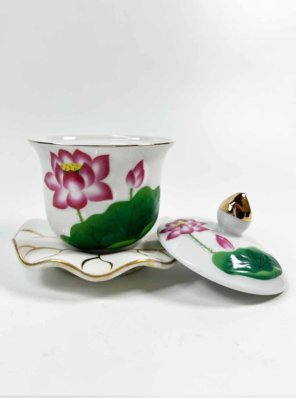 Pink Lotus with Lily Pad Offering Cup