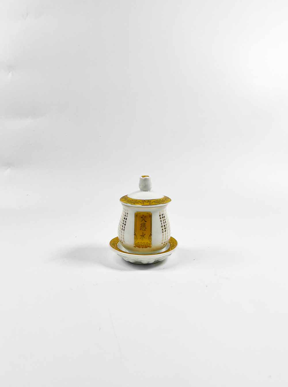 White and Gold Great Compassion Mantra Offering Cup with Lid (Small)