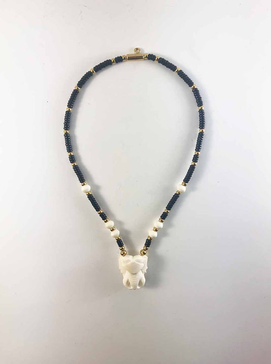 
					Cow Bone Elephant Head One + One Hooks Amulet Necklace with Gold and Coconut Shell Beads (48cm)				