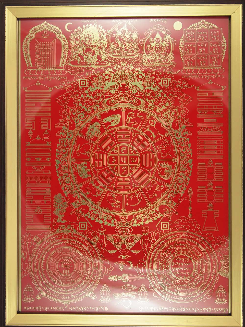 Nine Palace Ba Gua with Red Background (Brown Frame)