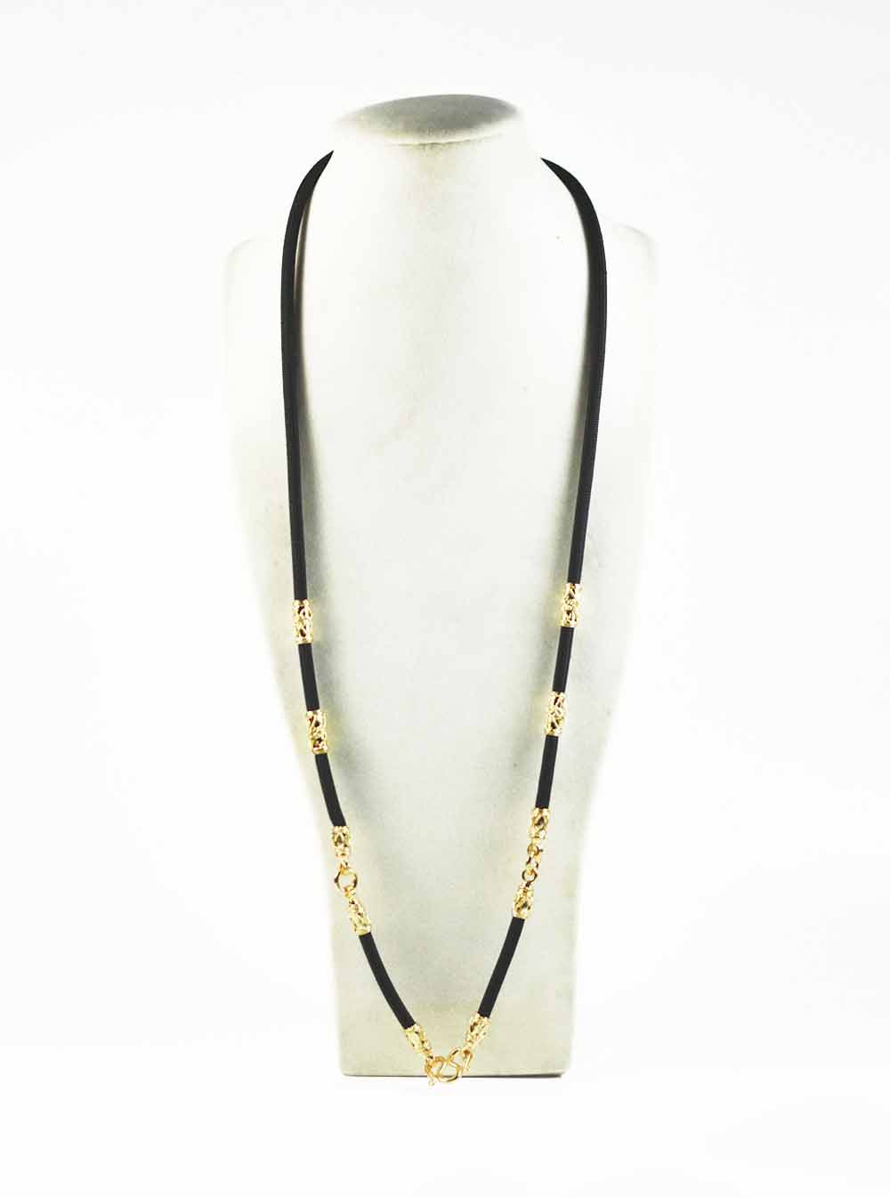 Black Nylon String Three Hooks Amulet Necklace with Gold Tubes (69cm)
