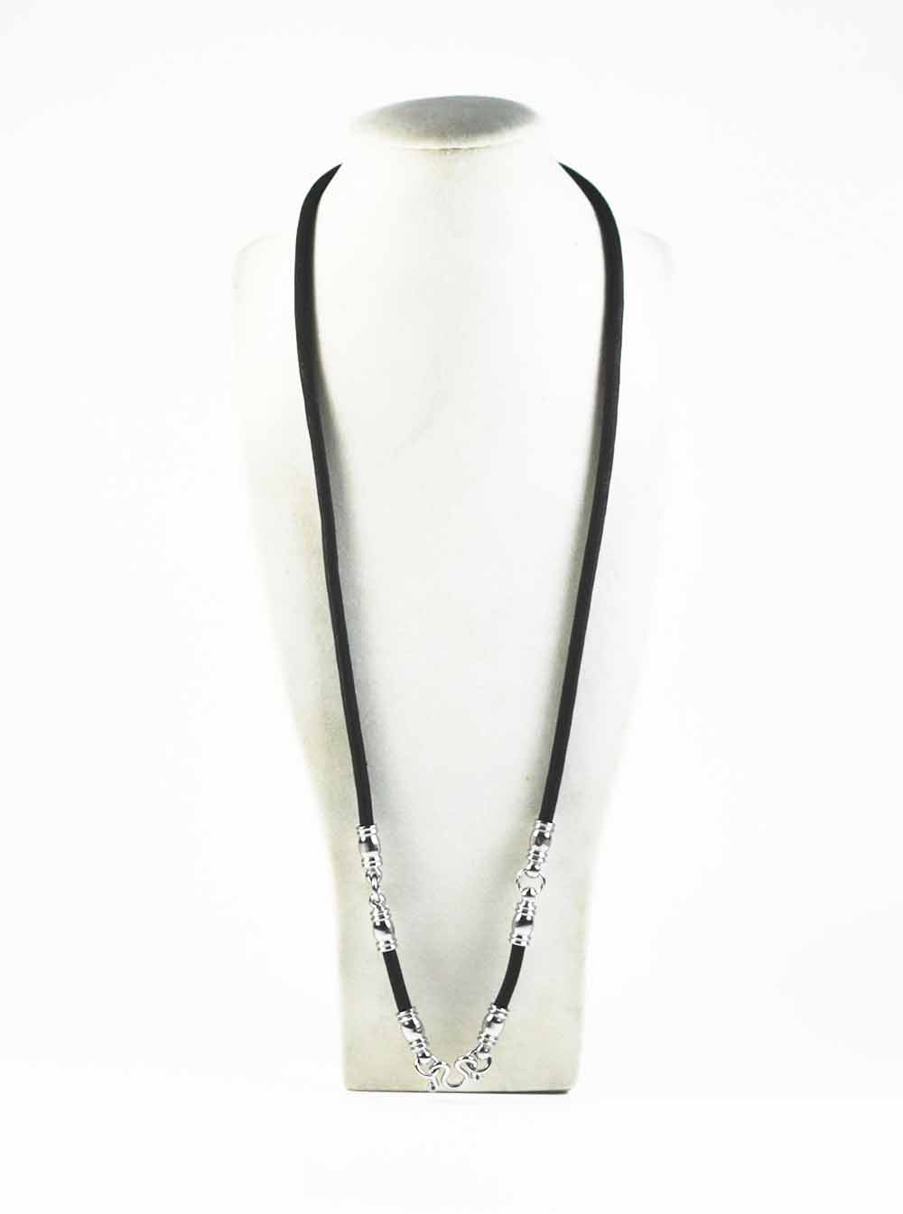 Black Nylon String Three + One Hooks Amulet Necklace in Silver (66cm)