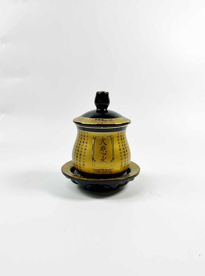 Black and Gold Great Compassion Mantra Offering Cup with Lid (Large）