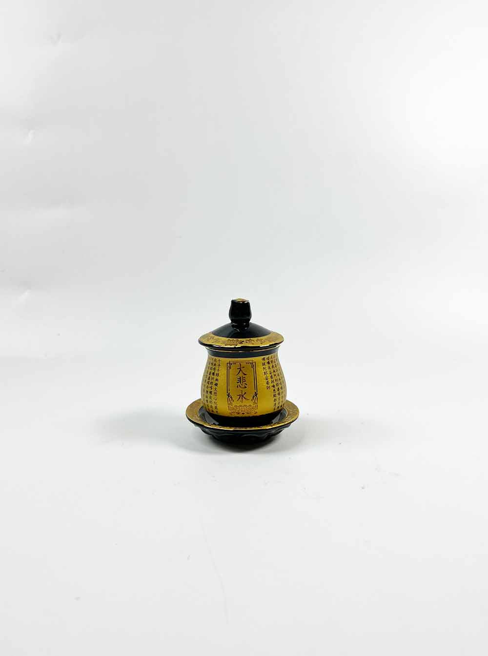 Black and Gold Great Compassion Mantra Offering Cup with Lid (Small）
