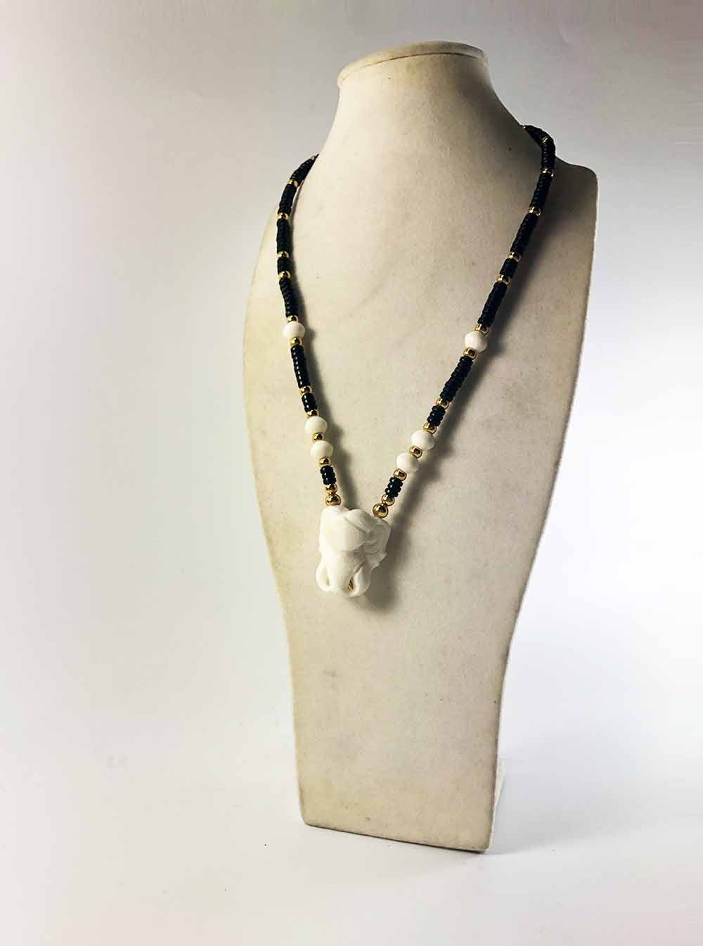 Cow Bone Elephant Head One + One Hooks Amulet Necklace with Gold and Coconut Shell Beads (48cm)