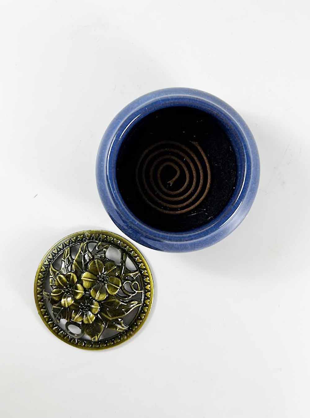 Dark Blue Ceramic Incense Burner with Lid