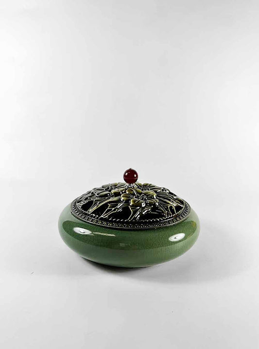 Green Ceramic Wide Incense Burner with Lid