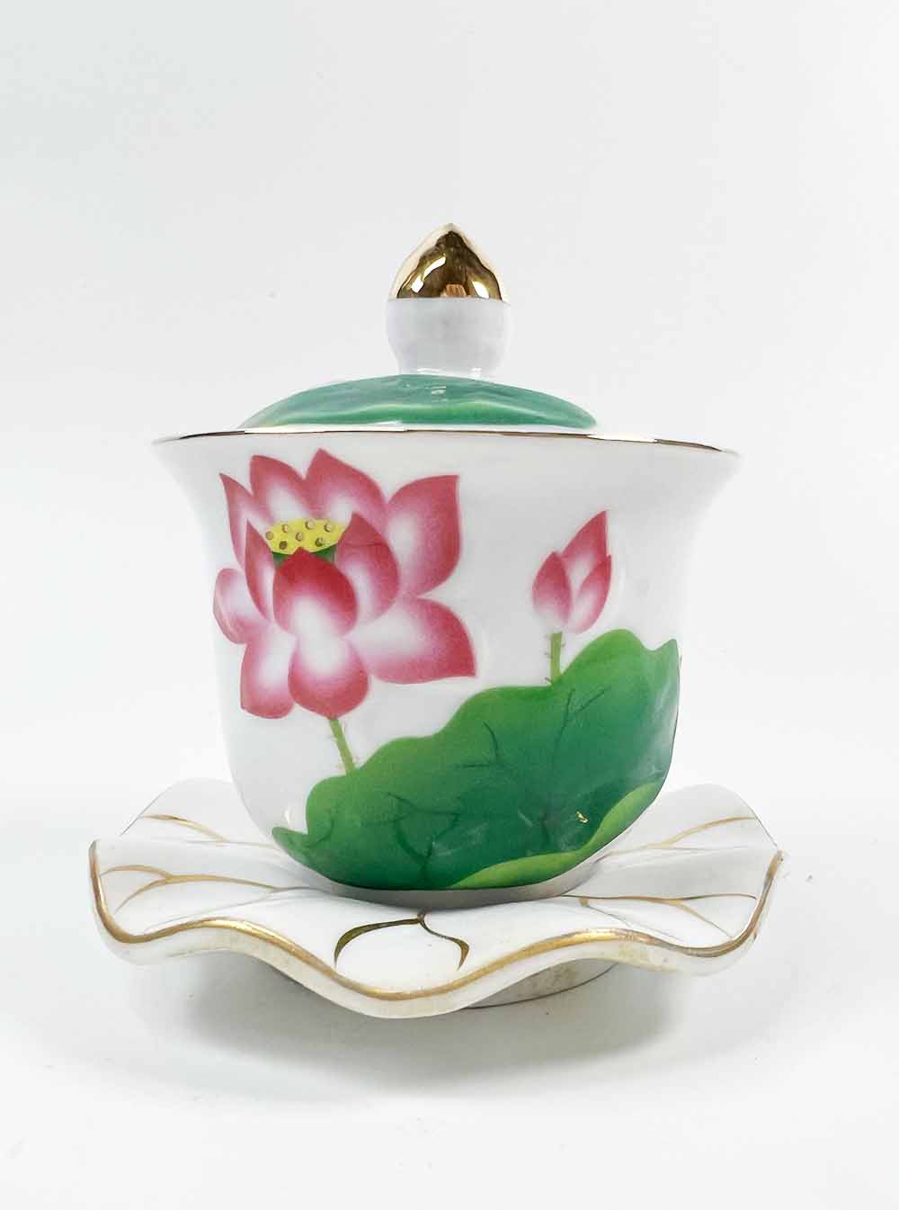 Pink Lotus with Lily Pad Offering Cup