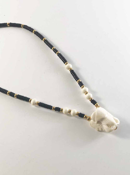 
					Cow Bone Elephant Head One + One Hooks Amulet Necklace with Gold and Coconut Shell Beads (48cm)				